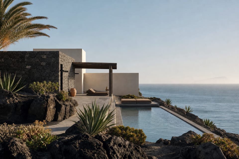Mediterranes Adults-only-Hotel in ruhiger Vulkanlandschaft mit Blick auf das Meer